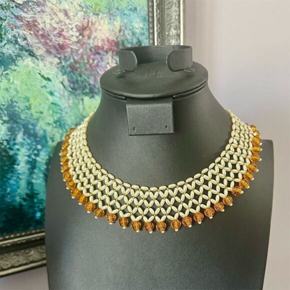 Gold Tone Mesh Choker Necklace with Amber Beads Adjustable Clasp - Picture 1 of 4